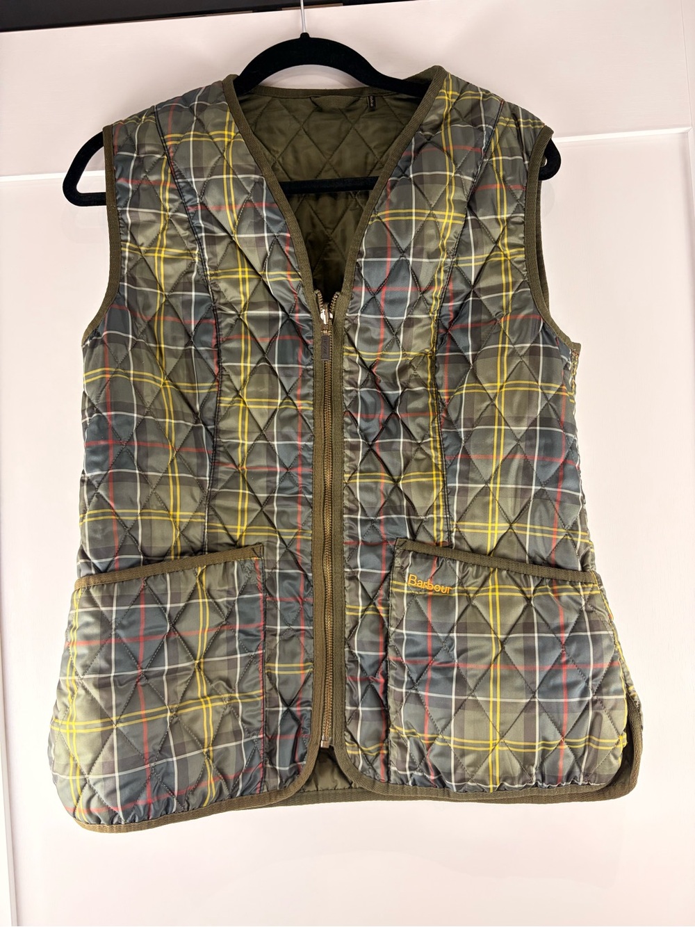 Barbour Olive Green Yellow Plaid Quilted Vest